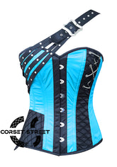 Baby Blue and Black Satin Gothic Steampunk Costume Overbust Bustier Top